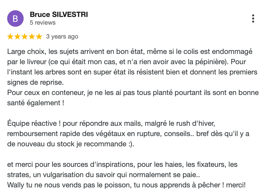 Avis clients positifs sur nos arbres fruitiers – Photos de critiques Google 5 étoiles montrant la satisfaction des clients en France.